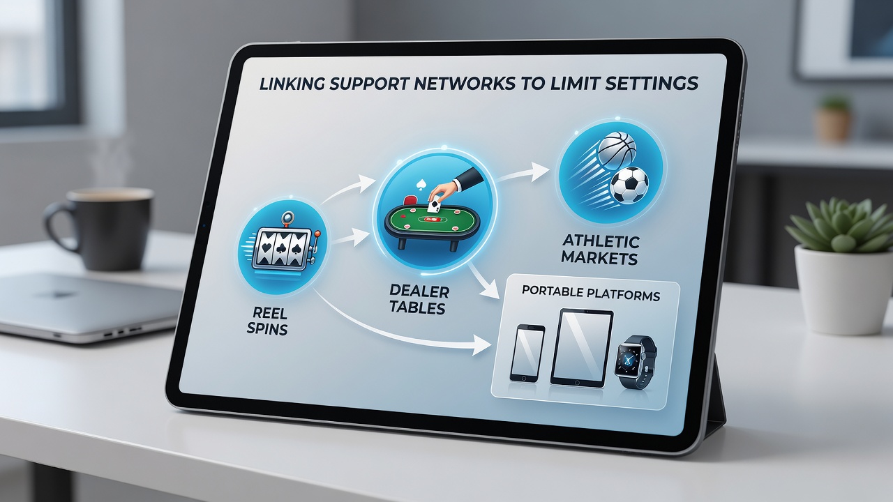 Mobile Plattform zeigt vernetzte Limit-Einstellungen für Slots, Live-Casino und Sportwetten mit integrierten Support-Tools