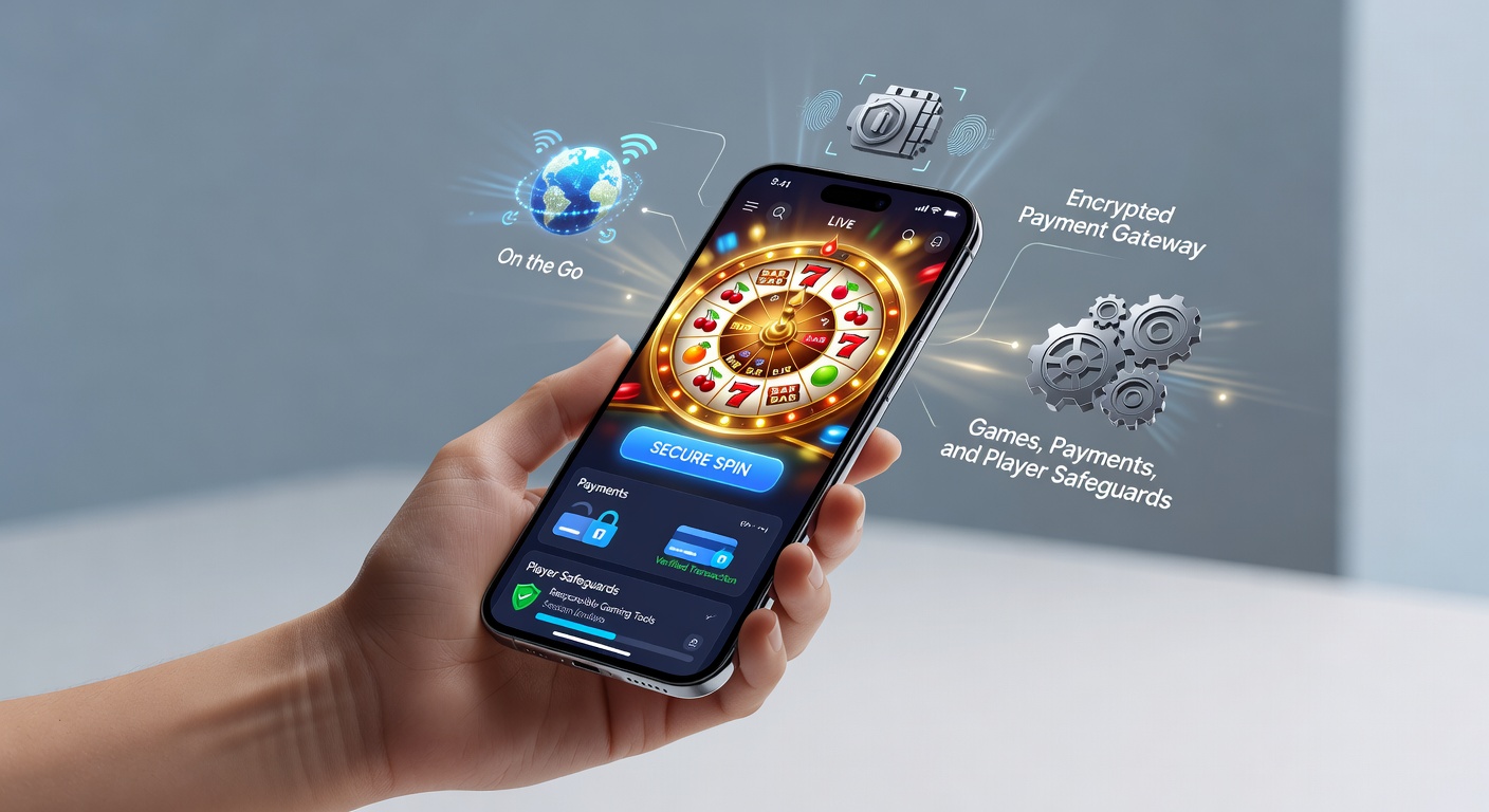Detaillierte Darstellung einer Casino-App mit Zahlungsoptionen, Schutz-Features und Slot-Spielen auf einem Tablet