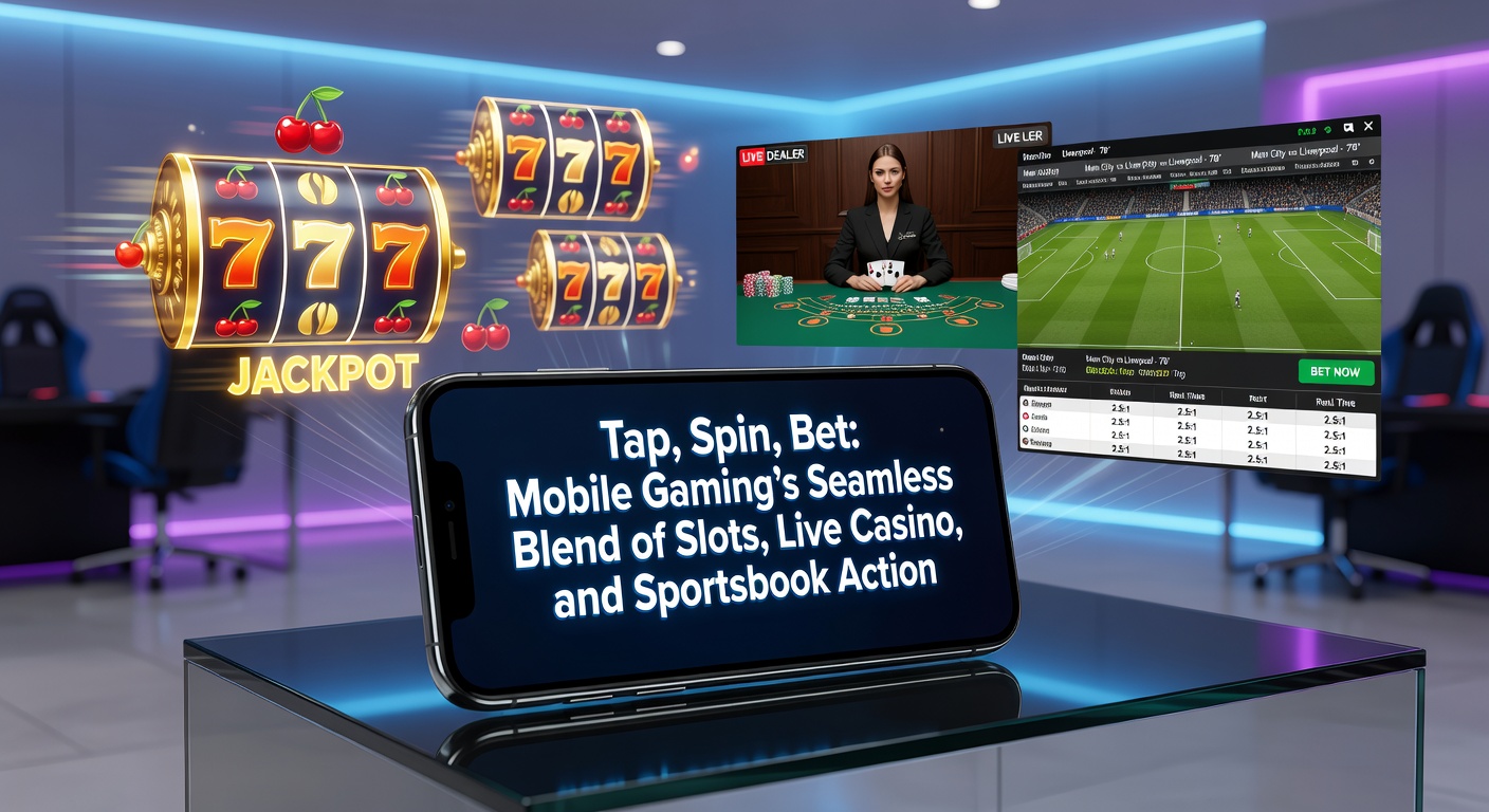 Smartphone mit Slots, Live-Dealer-Tisch und Sportwetten-App im Vordergrund, die die Integration von Casino- und Wettfunktionen zeigt