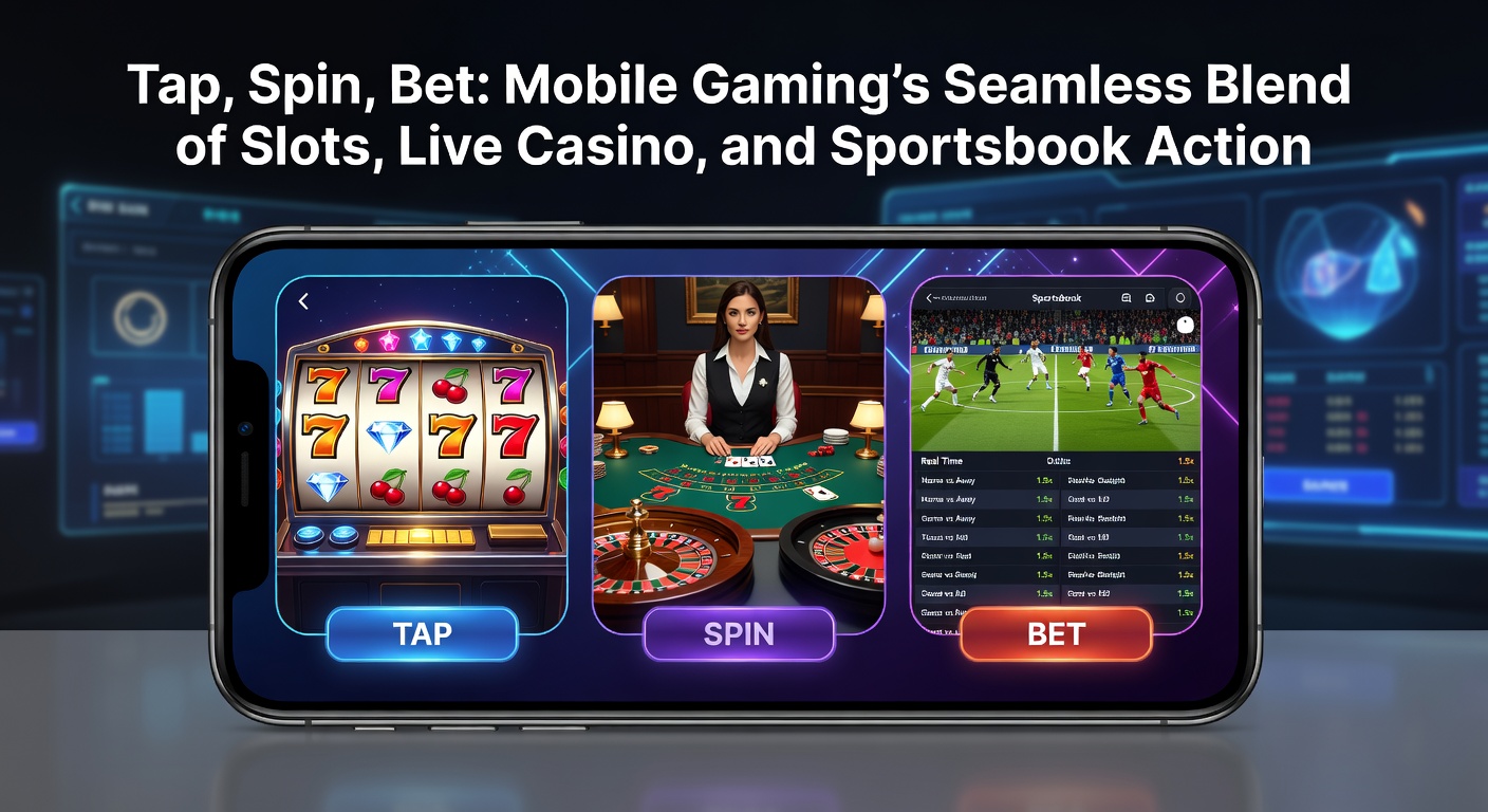 Benutzerhand, die auf Smartphone-Bildschirm tippt, mit Slots-Rollen, Dealer-Video und Sport-Odds sichtbar, symbolisiert die intuitive Bedienung
