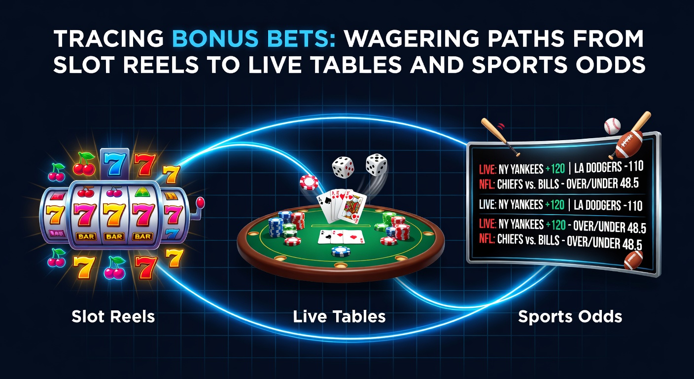Grafik zeigt einen Pfad von Slot-Maschinen über Live-Tische zu Sportwetten mit Bonus-Symbolen