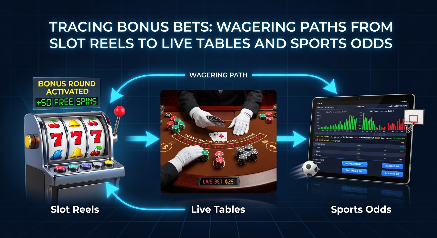 Detaillierte Infografik mit Bonus-Pfad-Diagramm von Slots über Tische zu Sportwetten und Prozentangaben